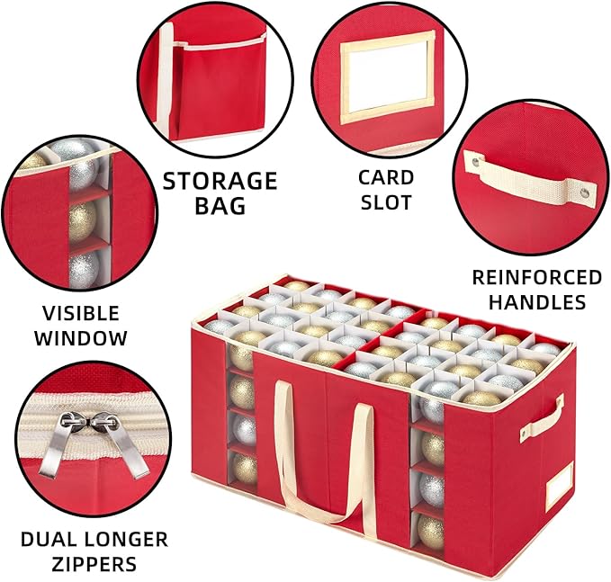 Christmas Visible Ornament Storage Box with Adjustable Dividers/Side Pockets,Ornaments Organizer with Zipper, Storage Container Bin for Christmas Decorations(128 Ball, Red, without Tray)