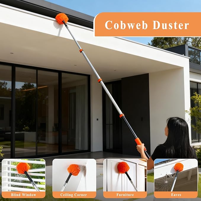 PuliKit 20ft High Ceiling Duster Kit with 4-12ft Heavy-Duty Extension Pole, Cobweb Duster, Ceiling Fan Duster, Window Squeegee & Cleaner, Microfiber Duster, Wall Mop for Home High Reach Cleaning