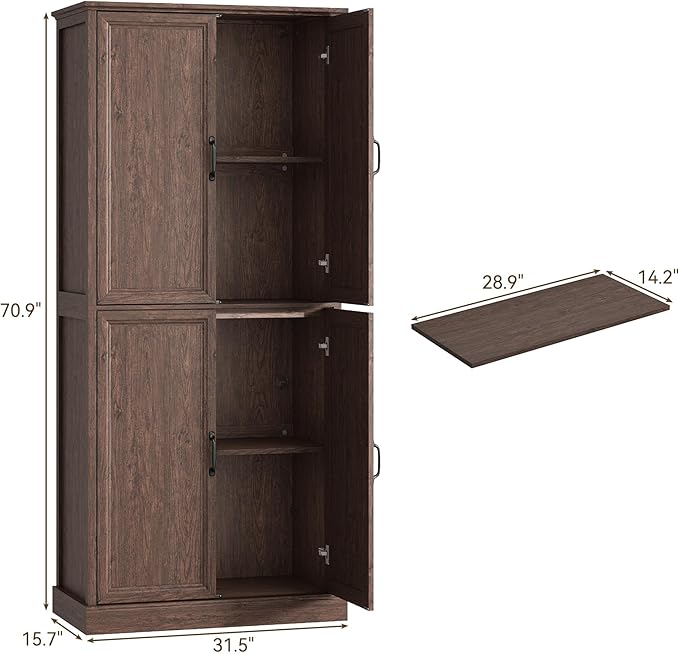 71'' Tall Pantry Cabinet, Farmhouse Kitchen Pantry Storage Cabinet with Barn Door and Adjustable Shelves, Rustic Wood Freestanding Cupboard Storage Organizer for Kitchen, Dining Room, Brown