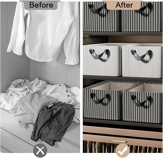 4PCS Closet Clothes Organizer Dustproof Sturdy Storage Baskets Bins 26L Foldable Shelf Containers Bin Support Boards Dust Lid Steel Frame for Sweater Pants T-shirt Dress (Black-white Stripes - No Lid)