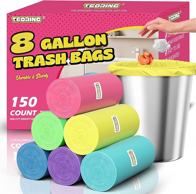 T.FORING 8 Gallon Trash Bags Colored - 150 Count Medium Garbage Bags Unscented, 30 Liter Thick Trash Can Liners, Plastic Wastebasket Liners for Home Kitchen Bathroom