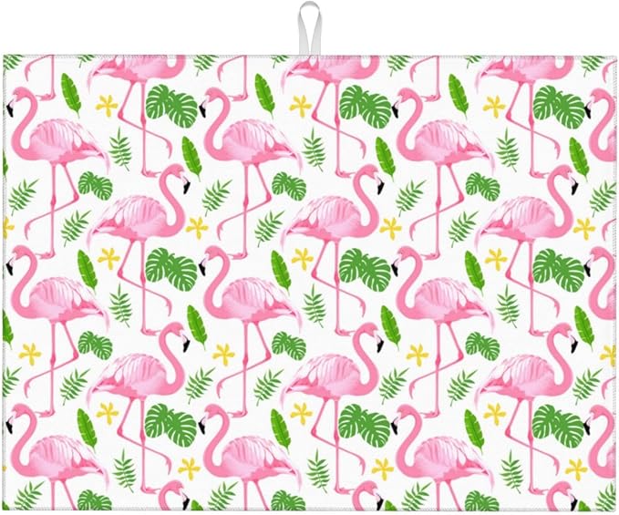 Pink Flamingo Leaf Dish Drying Mat 18x24 For Kitchen Counter Absorbent Microfiber Dishes Pad Dish Drainer Rack Mats Fast Dry Kitchen Accessories