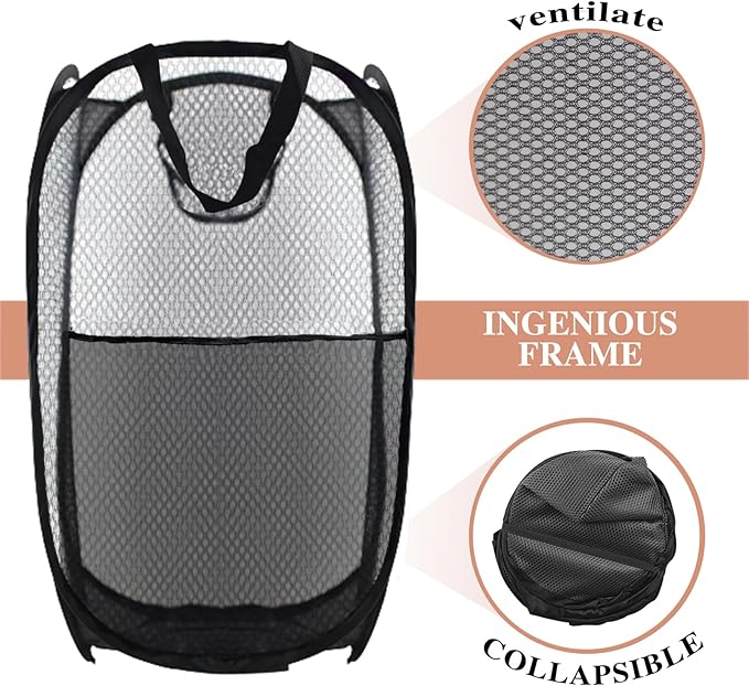 Buyongwant Collapsible Pop Up Laundry Hamper, Extra Large Mesh Foldable Laundry Basket, 28" x 16" x 16"(Black)