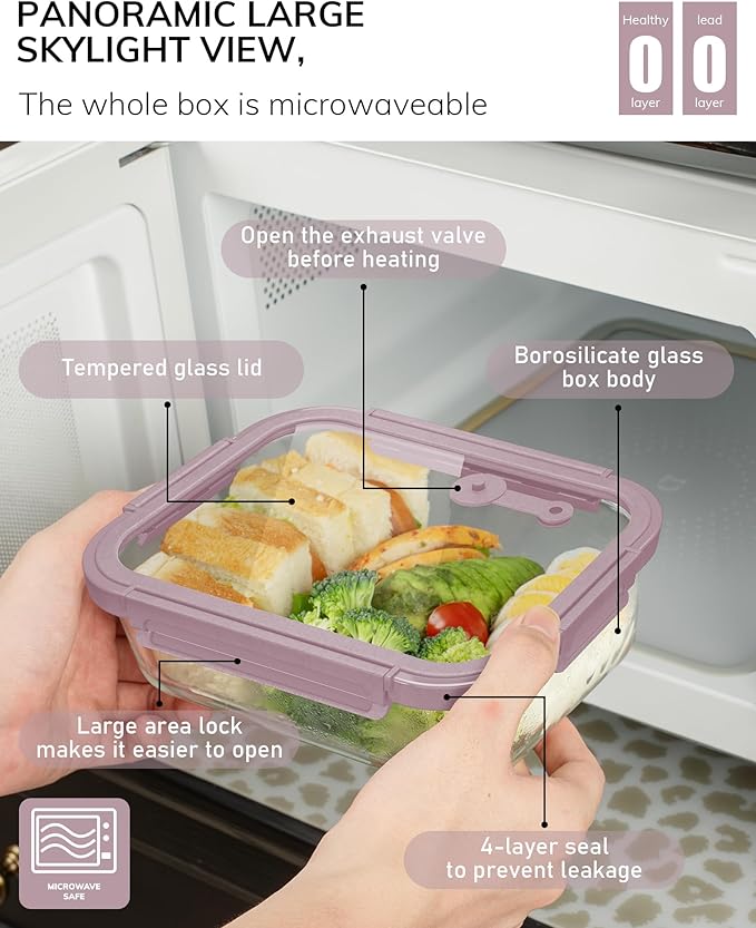 BOROHOUSE 5-Pack Borosilicate Glass Containers with Tempered Lids, 35.2oz/4.4 Cup Airtight Meal Prep Set, Microwave/Freezer Safe (Pink)