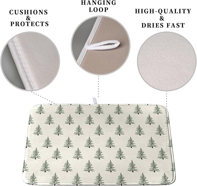 Kwlegh Christmas Tree Dish Drying Mat Winter Xmas Holiday Drying Mats Microfiber Absorbent Dishes Drying Pad Reusable Washable Kitchen Countertop Protector Dish Drainer Rack Mat 16x18 Inch
