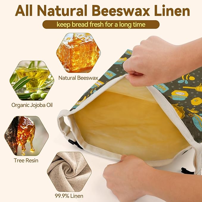 2 Pack Natural Beeswax Bread Bags for Sourdough Homemade Bread, Reusable Natural Organic Linen, Food Storage Cloth Bag, Large Capacity Portable, Freezer-Friendly, Freshness Preservation