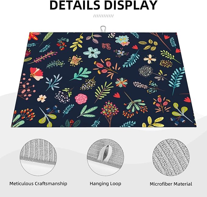 Large Dish Drying Mat for Kitchen Counter,18"X24" Colorful Flowers Plants Super Absorbent Reversible Microfiber Dish Drying Mat Dish Drainer Mat Drying Pad for Kitchen Countertop Coffee Bar