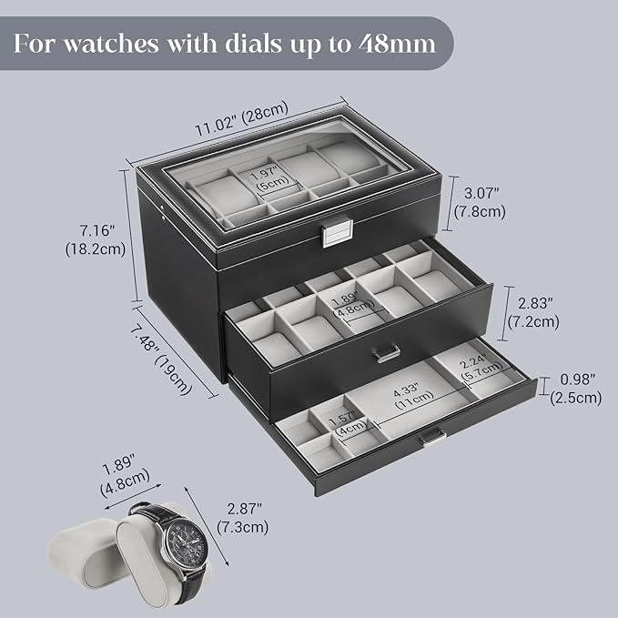 ProCase 20 Slot Watch Box for Men, 3-Layer Watch Display Case with Glass Lid, Watch Holder with Drawer, Jewelry Storage Organizer for Watches Straps Rings -Black