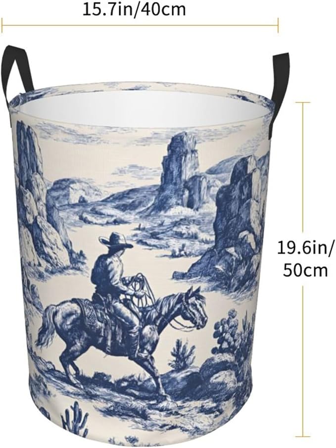 Laundry Hamper with Handles, Horse Riding Pattern, Collapsible Oxford cloth Storage Basket, Beige, 15.7x19.6 Inches, Cylindrical (Horses and Floral Pattern)