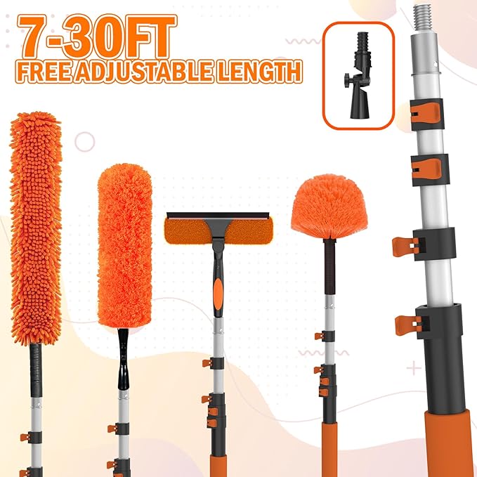 LAANPOLE 36FT High Reach Duster Cleaning Kit with Extension Pole, High Ceiling Fan Cleaner Duster Tool for Fan Blades, Window Washing Kit with Microfiber Feather Duster & Window Squeegee