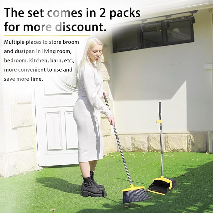 DJDTDTY 2-Pack is More economical，Upgraded Broom and Dustpan， with 52" Long Handle, Dustpan Teeth with self-Cleaning Function, Indoor and Outdoor Sweeping, Perfect for Home Office