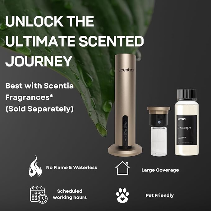 Scentia Hotel Scent Diffuser Starter Kit | Wireless & App Controlled Cold Air Essential Oil Diffuser for Home, Office Spa, Aromatherapy Diffuser | Covers 1500 Sq Ft | Gold | Hotel Oils Included