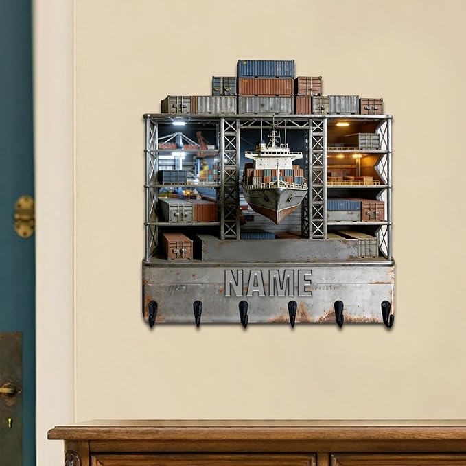 Personalized Wooden 2D Flat Print Container Ship Themed Wall Hooks for Living Room Hallway Office Custom Name Container Crane Coat Rack Port Transportation Key Storage Holder for Women Men Friends