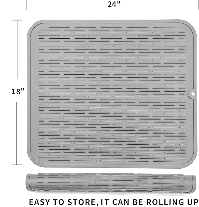 MicoYang Silicone Dish Drying Mat for Multiple Usage,Easy clean,Eco-friendly,Heat-resistant Silicone Mat for Kitchen Counter or Sink,Refrigerator or Drawer Liner Grey 2XL 24 inches x 18 inches