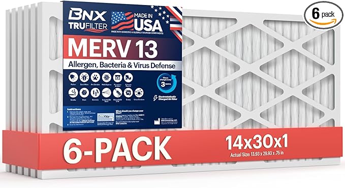 BNX TruFilter 14x30x1 Air Filter MERV 13 (6-Pack) - MADE IN USA - Electrostatic Pleated Air Conditioner HVAC AC Furnace Filters for Allergies, Pollen, Mold, Bacteria, Smoke, Allergen, MPR 1900 FPR 10