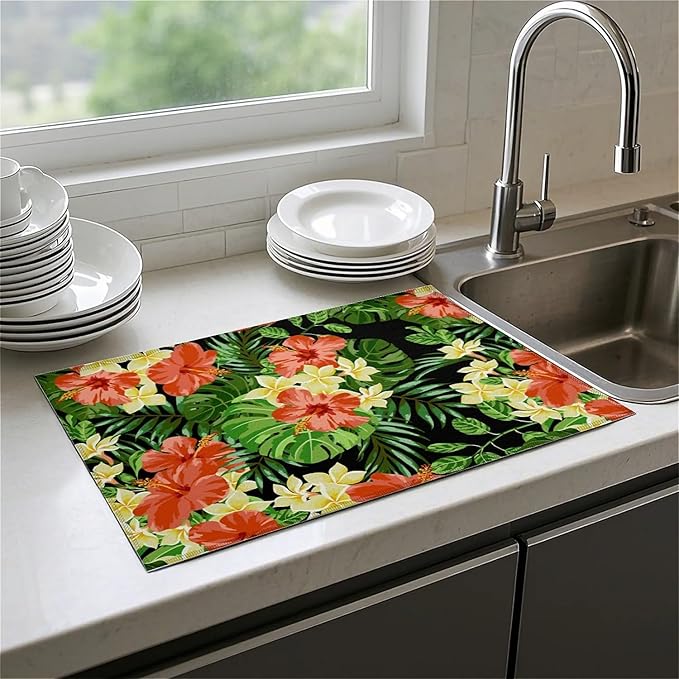Dish Drying Mat For Kitchen Counter, Tropical Flower On Black Microfiber Absorbent Dish Drainer Rack Pad Reusable Large 18x24in Drying Mat
