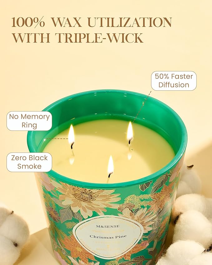 M&SENSE Christmas Pine Scented Candle, 28.2oz 3 Wick Natural Soy Wax Large Candles, Long Lasting Clean Slow Burning No Toxic Décor for Christmas, Romantic Dates & Gift-Giving