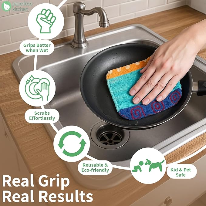 PaperlessKitchen Kitchen Dish Scrubbers | Soft Scrub for Dishes | Non-Scratch Cleaning Pads for Kitchen | Made from Cotton Fiber | Safe on All Surfaces | Long-Lasting & Easy to Clean | Pack of 8