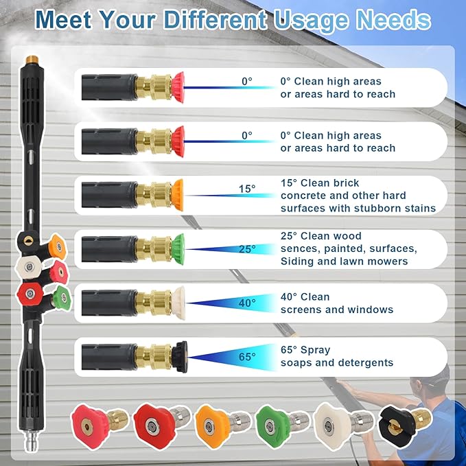 Hoqqf Upgraded Pressure Washer Extension Wand,Up to 115in,4000 PSI Gutter Cleaner Attachment with 6 Tips,1/4"Quick Connect, Leak-Resistant Ring