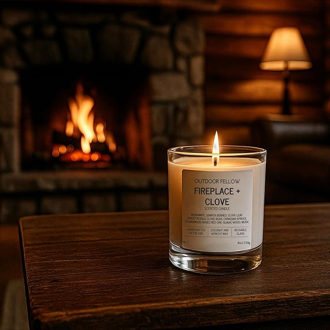 Outdoor Fellow Fireplace and Clove Scented Candle, 8oz, Coconut & Apricot Wax Blend, Bergamot, Clove Buds, Cedarwood, Reusable Glass, 40-50 Hour Burn Time