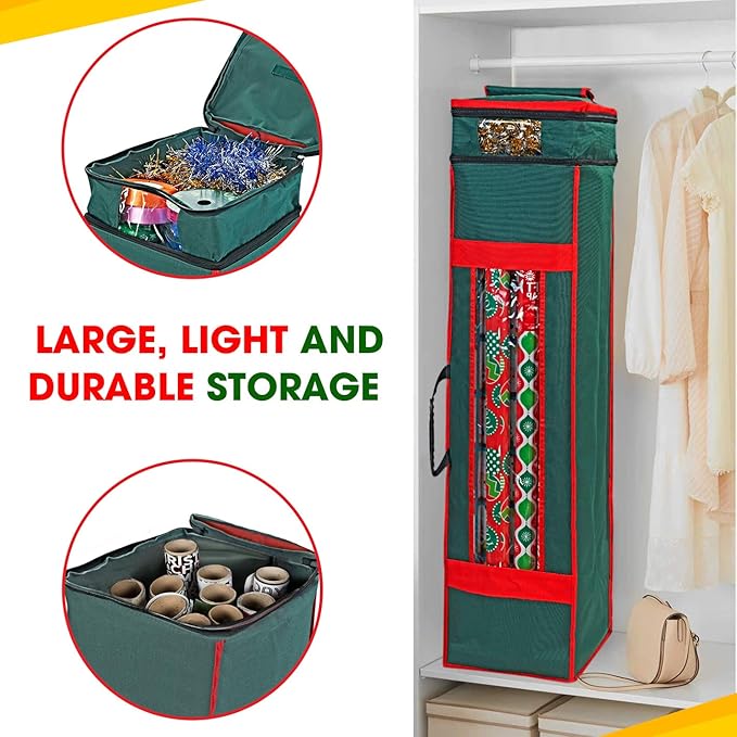 ProPik Christmas Wrapping Paper Storage Organizer Bag with Pocket and Handles Including Hanging Loop Heavy Duty Material with Clear Window 47 x 10 x 10 Inch Fits 40" Long Rolls (Green, 1 Count)