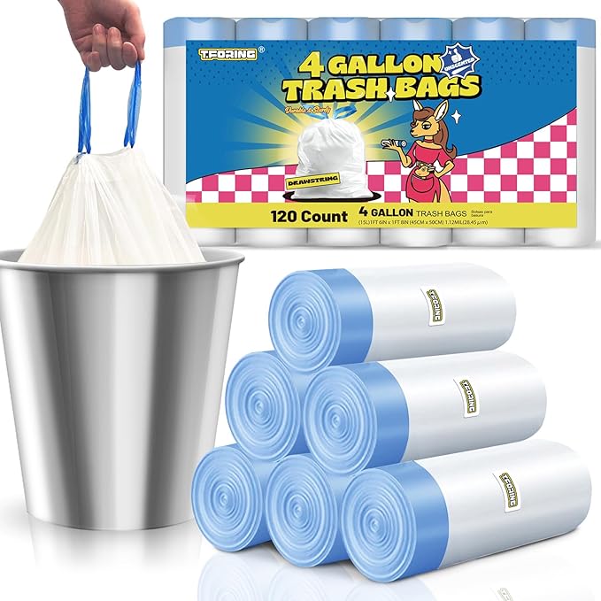 T.FORING Small Trash Bags 4 Gallon with Drawstring, 1.1 Mil 15 Liter White Thick Unscented Small Plastic Garbage Bags for Bathroom, Wastebasket Liners for Toilet Home Office and Bedroom (4 Gal-120)