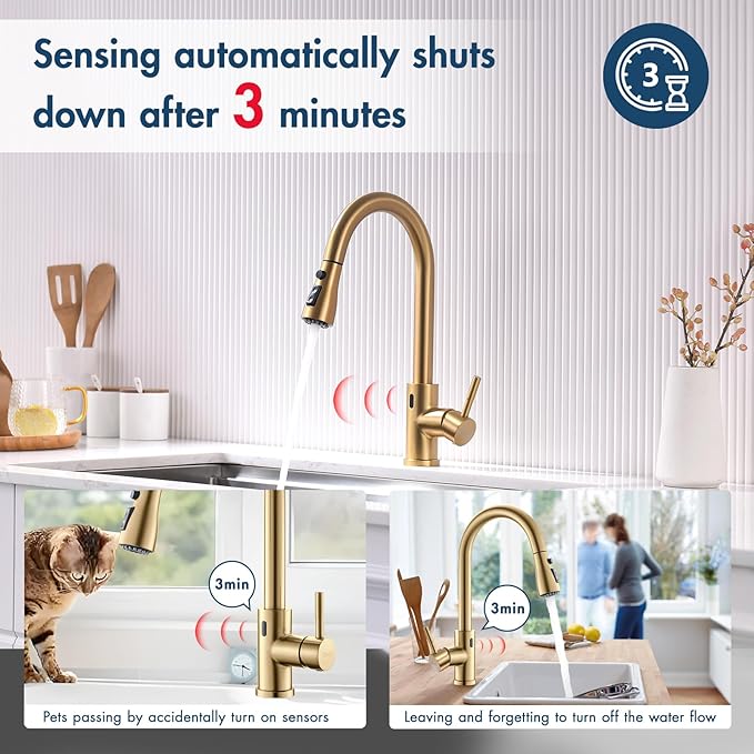 GIMILI Touchless Gold Kitchen Faucet with Pull Down Sprayer Motion Sensor Hands-Free Smart Activated Brushed Gold Brass Sink Faucets