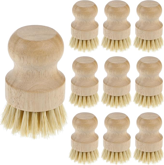Molain 10 Pack Bamboo Dish Brush Set, Natural Dish Scrub Brush with Handle, Wooden Dish Scrubber for Kitchen Cleaning, Eco-Friendly Scrub Brush for Dishes, Pots, Pans, and Vegetables