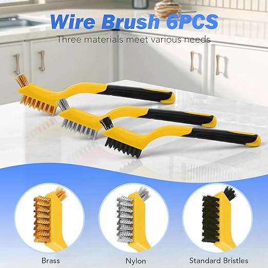 Wire Brush Set, 6 Pcs Brass/Stainless Steel/Nylon Wire Brushes for Cleaning with Curved Handle Grip for Rust Removal, Dirt, Paint Scrubbing(Yellow)