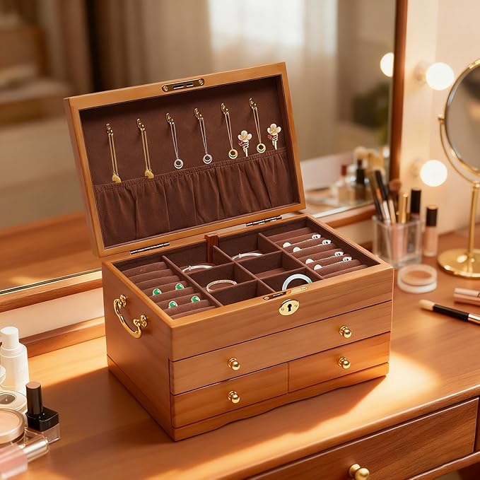 3-Layer Jewelry Box Organizer with Lock and Hooks, Wooden Jewelry Boxes Holder with 2 Drawers,Jewelry Storage & Organizers for Rings, Earrings, Bracelets, Necklaces,Christmas New Year Gifts