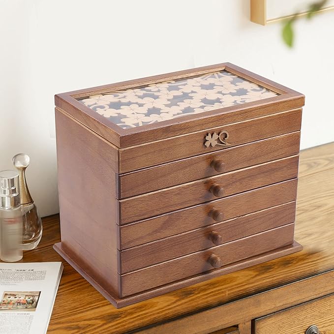 Jewelry Storage Organizer, 6 Layers with 5 Drawers Large Jewelry Organizer Wooden Storage Box Case for Woman (Brown type2)