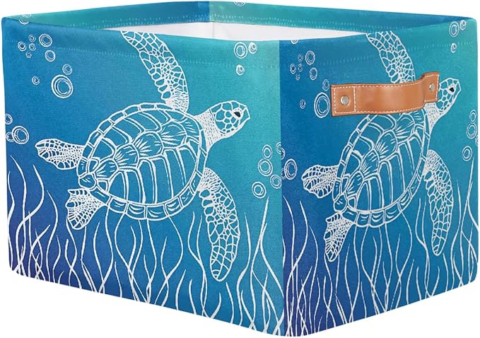 Ocean Turtle Storage Basket for Shelves, Storage Bins with Handles, Collapsible Basket for Organizing, Closet Toy Baskets for Nursery Room, 15x11x9.5 in, Canvas, Sea Tortoise
