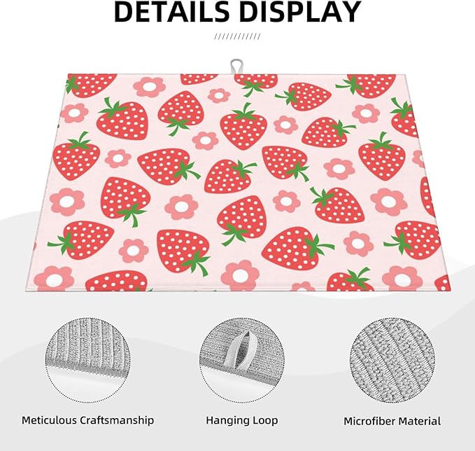 Pink Strawberry Dish Drying Rack Mat for Kitchen Counter XL, Cute Flower Dish Drying Pad Absorbent Reversible Microfiber Protector for Coffee Bar Sink Countertops 18x24 Inch