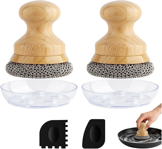 Cast Iron Scrubber and Scraper,Chain Mail Cleaner with Bamboo Handle & Draining Tray,316 Stainless Steel Brush for Cleaning Pots,Pans,Wok,Bakeware,Griddles, Grills(Small Chainmail,2pcs)