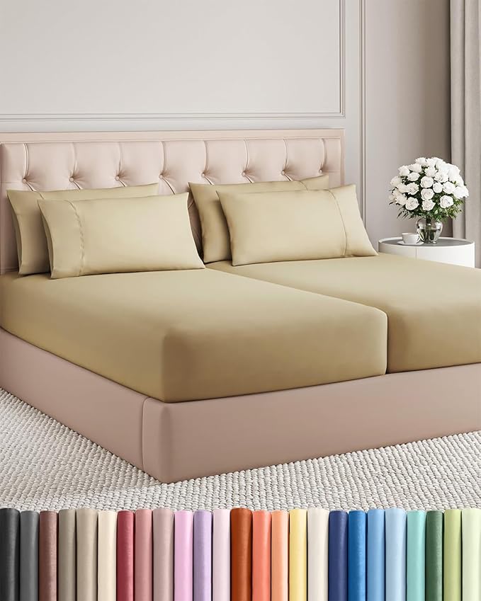Split King 7 Piece Sheet Set - Comfy Breathable & Cooling - Ultra-Soft Hotel Luxury Bedding Set w/ 8-16 Inch Deep Pockets - 1 Flat & 2 Fitted Sheet & 4 Pillowcases - Wrinkle Free & Easy Care - Beige