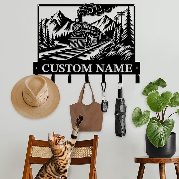 Personalized Train Metal Keys Hooks,Custom Name Metal Train Keys Hooks,Black Metal Train Wall Home Storage Decorative Keys Hooks,Key Holder Hooks for Wall (Style I)