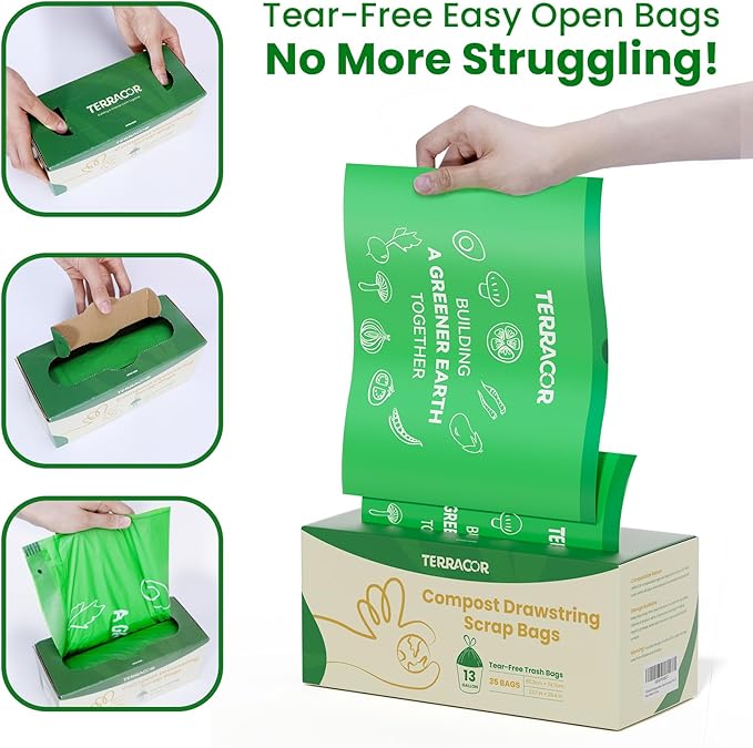TERRACOR 13 Gallon Compostable Trash Bags Drawstring, Heavy Duty Extra Thick 1 Mil, 35 Bags, Tall Kitchen Food Scrap Waste Bag, ASTM D6400