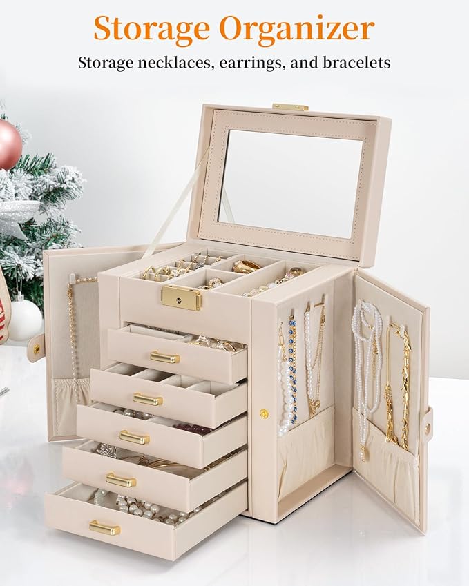 TORIBIO Large Jewelry Box for Women, Leather Jewelry Organizer with Mirror & Lock, 6-Tier Jewelry Storage Case for Girls/Women/Mothers, Necklace Earring Bracelets Holder Organizer