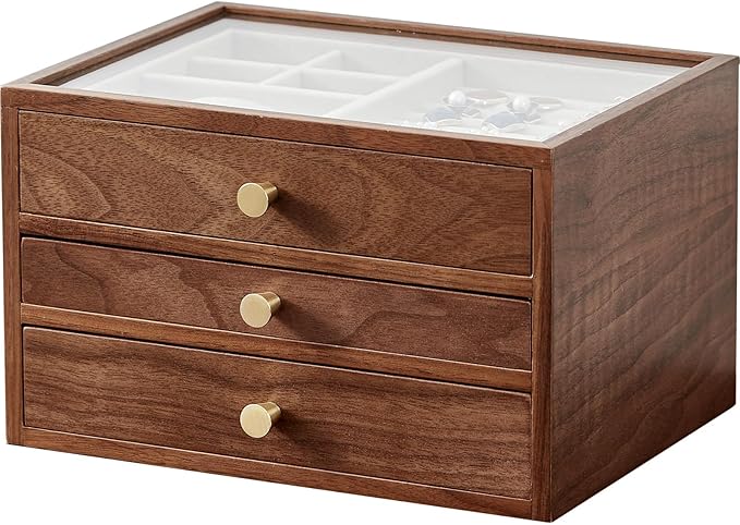 Homruilink Black Walnut Wooden Jewelry Box Women large 3 Layer Drawer Organizer Box with Glass Lid for Necklaces, Watch, Necklace, Ring, Earring Storage - Christmas Gifts
