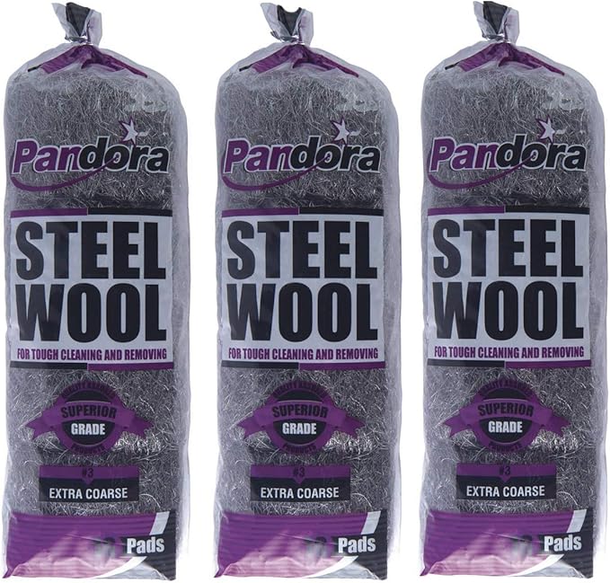 Pandora Steel Wool #3 – Extra Coarse Grade, 48 Pads for Tough Cleaning and Removing - Metal Strands - Ideal to Remove Rust, Grime, and Stubborn Stains