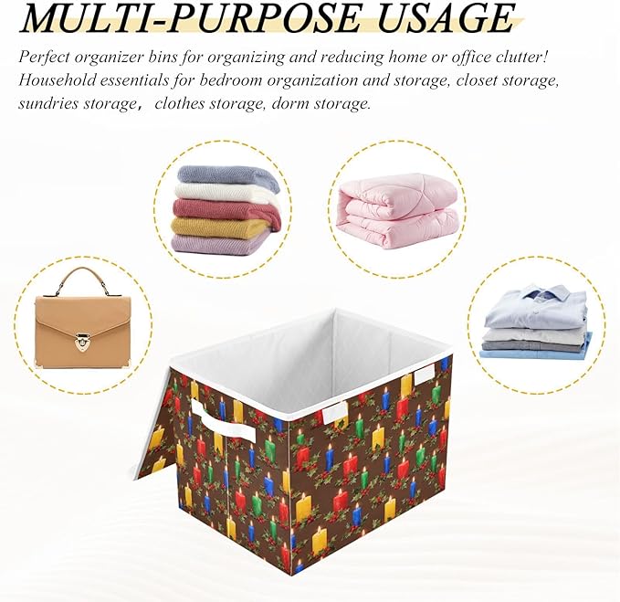 Christmas Candles Holly Berries Storage Bins with Lids Foldable Storage Basket with Handles Collapsible Large Fabric Organizer Containers for Clothes Shelves Closet Office Home