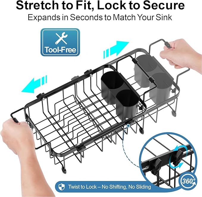 iSPECLE Small Sink Dish Drying Rack, Expandable Compact Rust Resistant Dish Drainer for RV Apartment Kitchen, Dish Rack with Tightening Knob, Arms with Non Slip Rubber, 9.1" W x 12.2"-17.3" L, Black