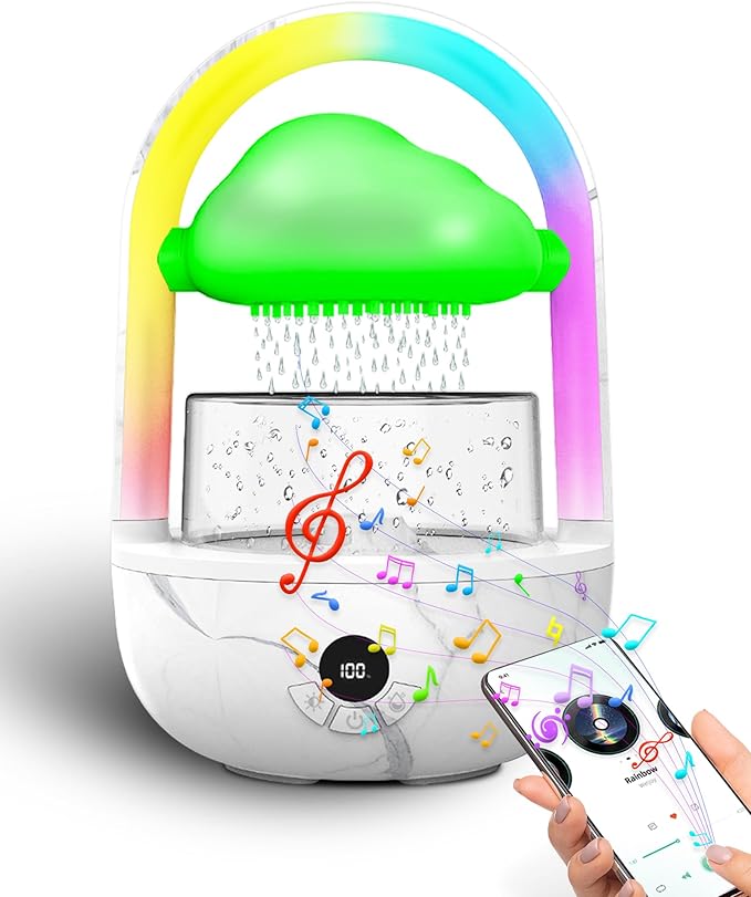 Weljoy Aromatherapy Essential Oil Diffuser Rainbow Rain Cloud Micro Humidifier Water Drip Mushroom Diffuser with Running Lights Rain Sounds for Sleeping-Tabletop Water Fountain&Night Light
