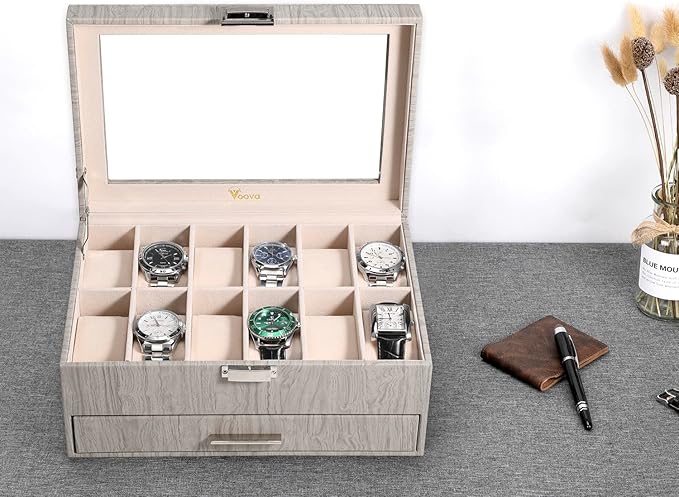 Voova Watch Jewelry Box Organizer for Men Women,12 Slot Leather Watch Storage Case Display Holder with Jewelry Drawer, Removable Watch Pillows, Large Glass Lid for Watches, Sunglasses,Rings,Wood Grey