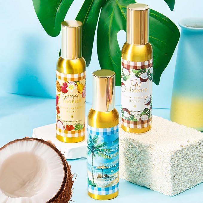 Room Spray, Tidal Coconut, Woven Ocean, Sunset Tropics, 3 Pack, Each 4 fl oz, Air Freshener for Home, Long-Lasting Odor Eliminator for Bathroom and Office