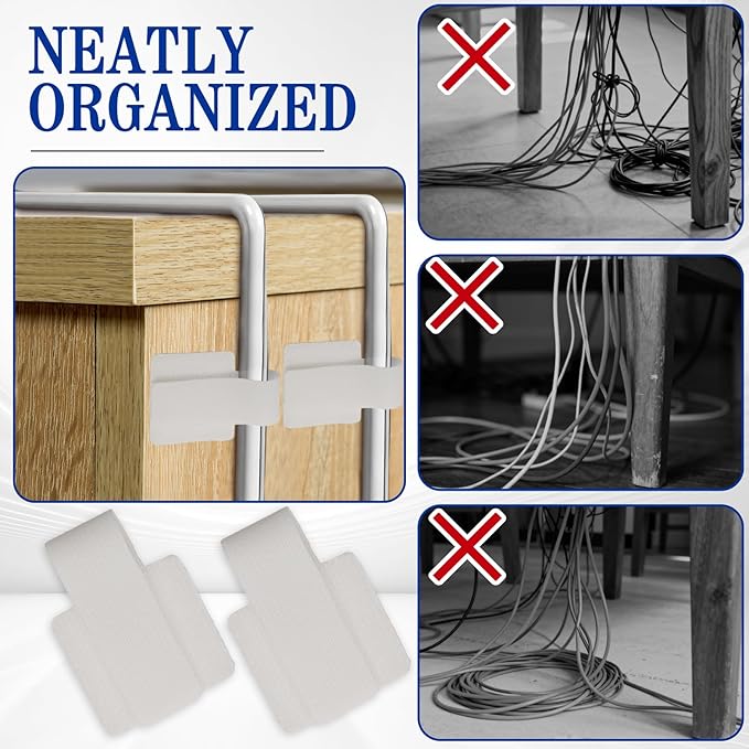 Rierdge 80 PCS White Hook and Loop Cable Straps, Self Adhesive Cable Ties - Reusable Adjustable Wire Organizers for Desk, Home Office, Workshop