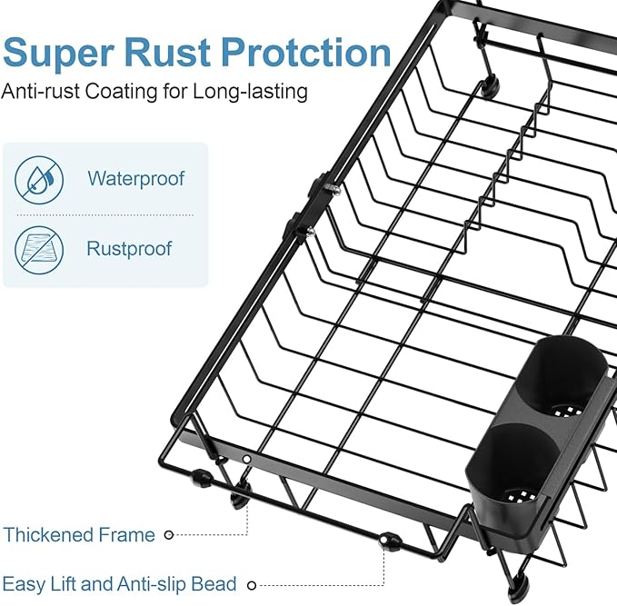 iSPECLE Expandable in Sink Dish Drying Rack with Cup Holder - Rust Resistant Adjustable Over The Sink Dish Drainer with Tightening Knob, Arms with Non Slip Rubber, Fits Sink 12.4"-17.1", Black