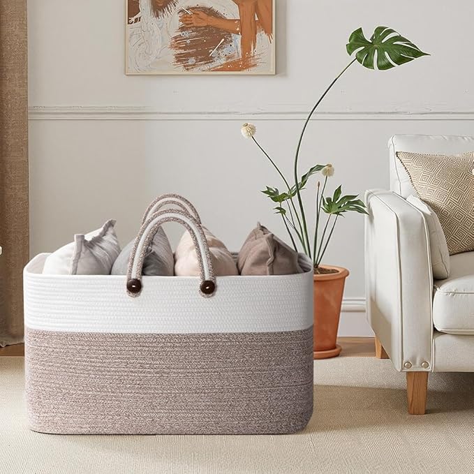 OIAHOMY 95L Large Blanket Basket, 24”x16”x15” Rectangle Woven Baskets For Storage, Nursery Blanket Storage Living Room, Toy Box With Long Handle-Gradient Brown With White