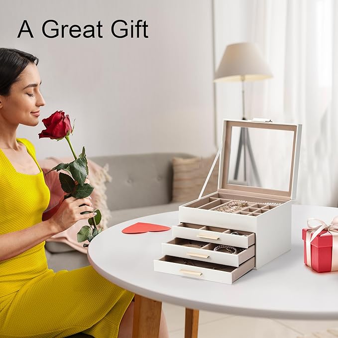 Jewelry Box Organizer for Women,4 Layers Jewelry Storage Display Box with Glass Lid,Gift for Christmas,3 Drawers,Large Capacity for Necklace Earrings Bracelets Rings,White