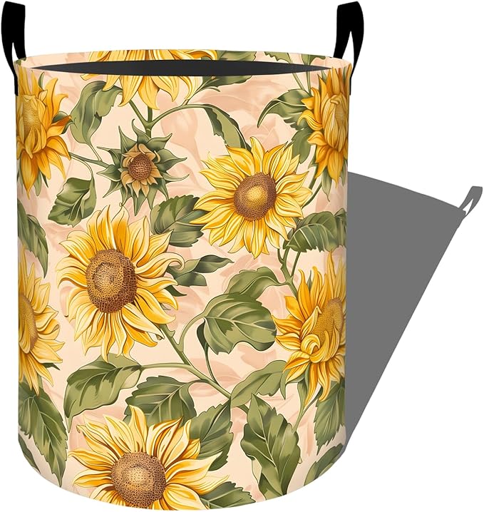 Golden Sunflower with Lush Green Leaves Laundry Basket with Handles, 19.7"x15.7" Clothes Foldable Floral Laundry Hamper Organizer for Dorm Nursery Bedroom Bathroom Decor, Toy Storage Bin for Kids
